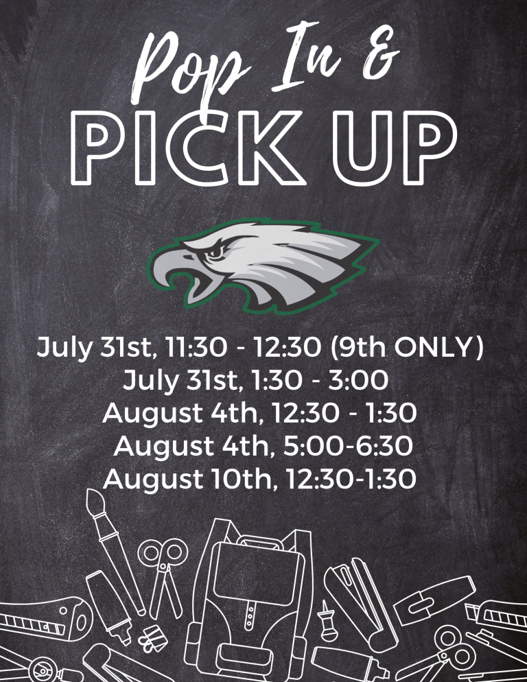 Pop in & Pick Up dates with school supplies and Eagle logo