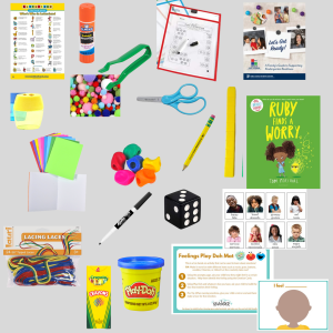 A collage of items that will be in the ready bags. Images include glue stick, scissors, pom poms, playdough mat, playdoh, shoe lace strings, pencil, dry erase marker, unifix cubes, a book, paper, dice, tongs, letterland paper, and pencil sharperner. 