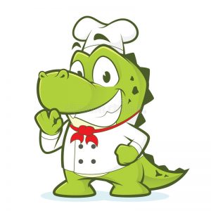 Clipart of a cartoon alligator in a chef's hat and coat