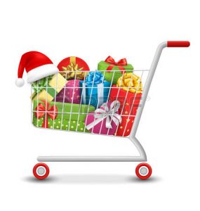 A shopping cart filled with Christmas gifts