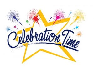 Clipart that says Celebration time with stars and fireworks