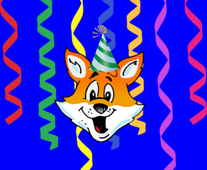Fox logo with confetti and a party hat