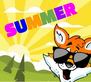 Fox logo with sunglasses on a sunrise background with the word Summer