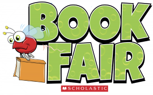Logo for the Book Fair that says "Book Fair" and has a bug carrying a book