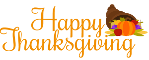 A cornucopia with text that says Happy Thanksgiving