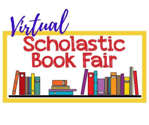 Clipart of books and the words Virtual Scholastic Book Fair