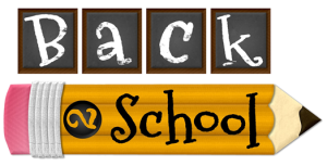 Text says back to school with chalkboards and a pencil
