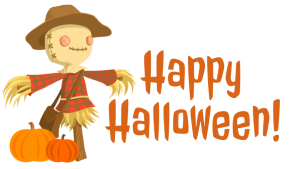 Clip art that says Happy Halloween with a scarecrow and pumpkins