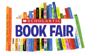 An image of books with the words Scholastic Book Fair