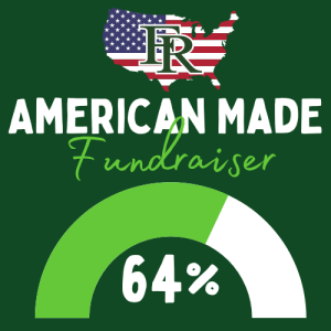 Image of the FRMS logo with the text American Made Fundraiser. There is a graphic that shows 64% met for the fundraiser goal.