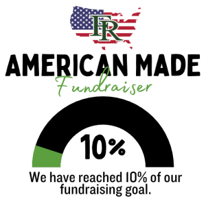Image of an American flag and a FR logo, with text that says American Made Fundraiser, we have reached 10% of our goal.