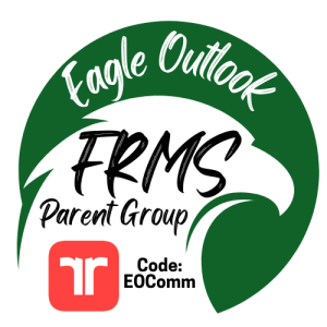 Eagle shaped logo with words Eagle Outlook FRMS Parent Group, Team Reach Code EOComm