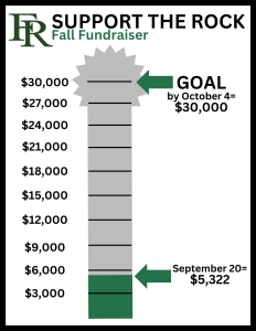 A meter showing that the school has raised 5322 dollars for the Support the Rock Fundraiser and the goal is to raise $30,000 by October 4th.