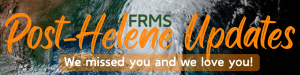 Image of hurricane helene with text that says FRMS Post-Helene Update We missed you and we love you!