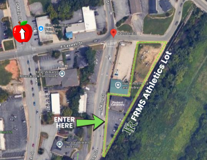 Map of the FRMS Athletics Lot at the 2025-2026 Apple Festival. The lot is at the corner of S King St and E Caswell St.