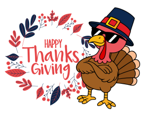 Happy Thanksgiving text with a turkey graphic