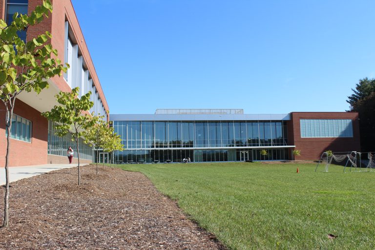 Parkhill building BRCC campus, brown and silver, windows, green grass courtyard