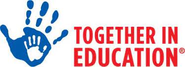 A small handprint inside a large handprint. The text reads Together in Education.