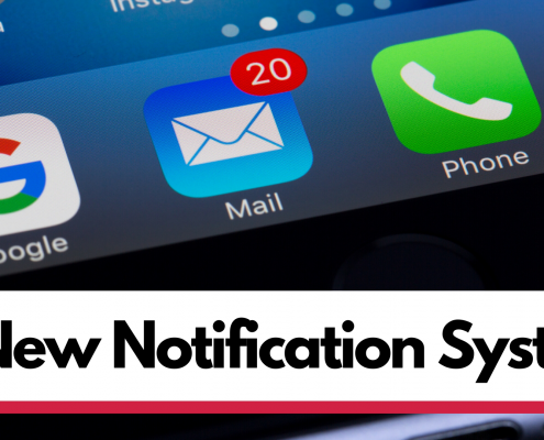 graphic of phone screen with "New Notification System" text