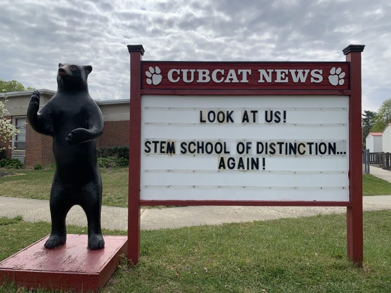 Photo of School Marquee that reads Cubcat News Look at Us! STEM School of Distinction...Again!