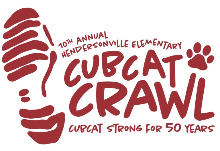 Clipart image with a footprint that reads 10th Annual Hendersonville Elementary Cubcat Crawl Cubcat Strong for 50 Years.