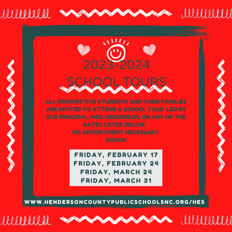 Image with red background that reads School Tours. All prospective students and their families are invited to attend a school tour led by our principal, Mrs. Henderson, on any of the dates listed below. No appointment necessary. 9:00am Friday, February 17 Friday, February 24 Friday, March 24 Friday, March 31
