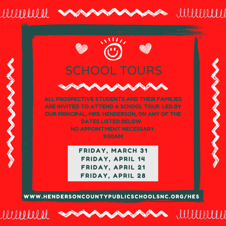Image with red background that reads School Tours. All prospective students and their families are invited to attend a school tour led by our principal, Mrs. Henderson, on any of the dates listed below. No appointment necessary. 9:00am Friday, March 31 Friday, April 14 Friday, April 21 Friday, April 28