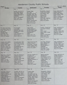 School Lunch Menu Calendar listing lunch choices for each day of the month