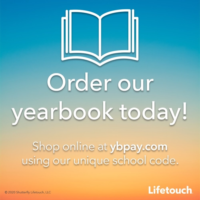 Image that has an outline of an open book that reads Order our yearbook today!