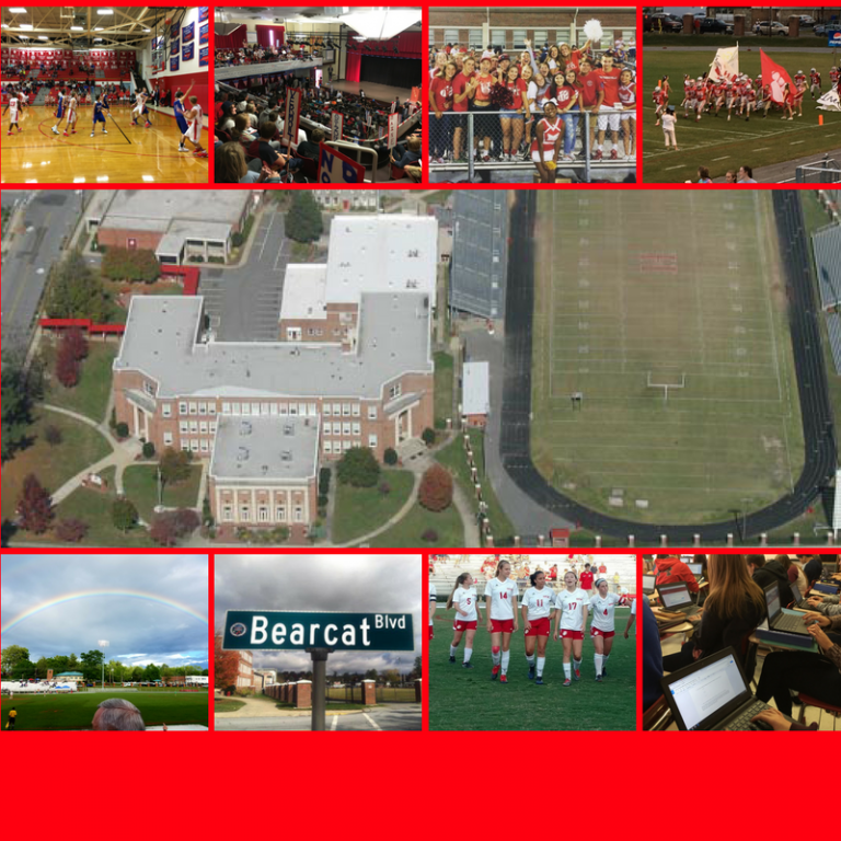 Hendersonville High School aerial view, street sign, soccer team, students on Chromebooks, symposium, rainbow over field, students in stands, basketball team, football team