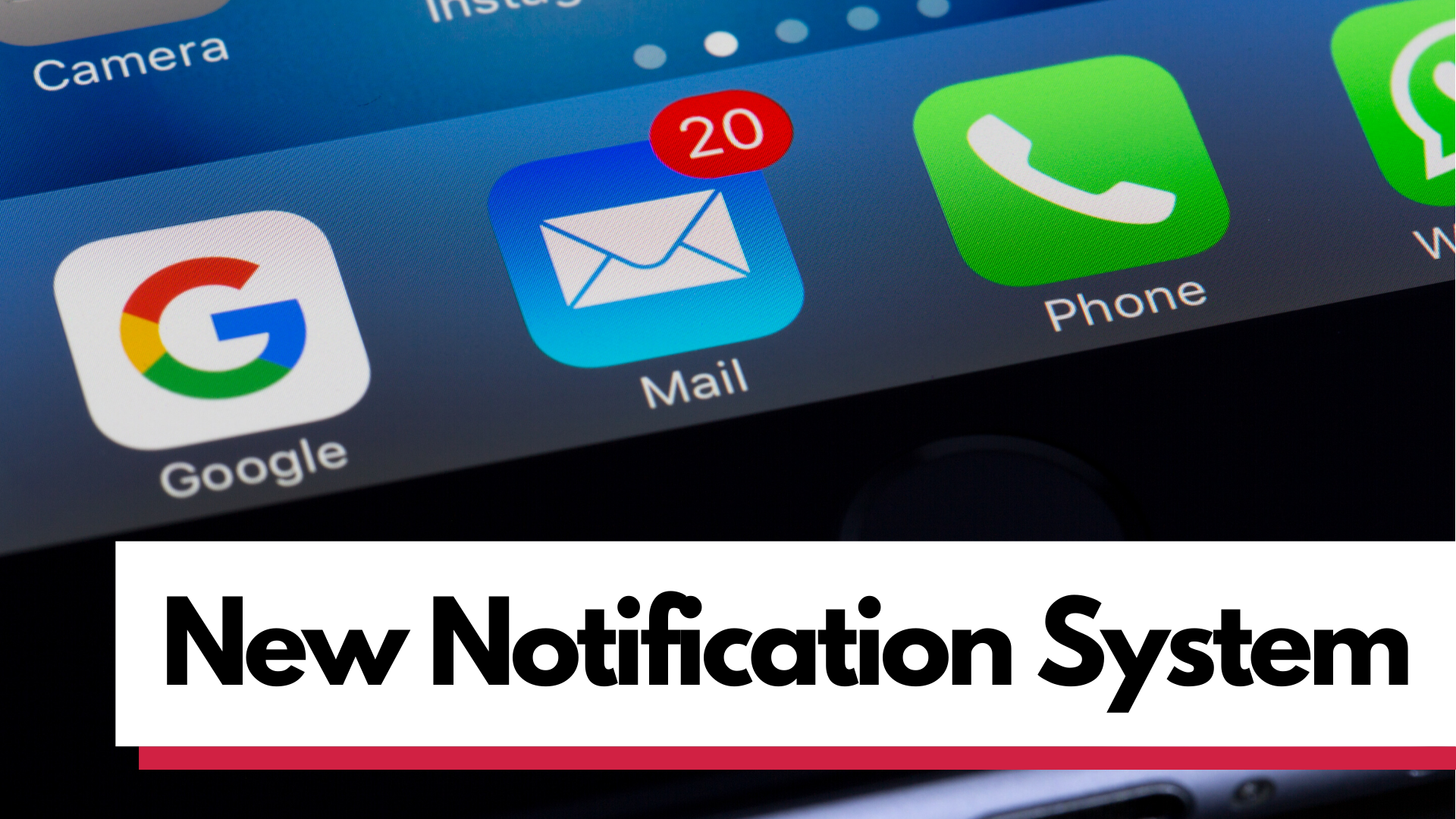 graphic of phone screen with "New Notification System" text