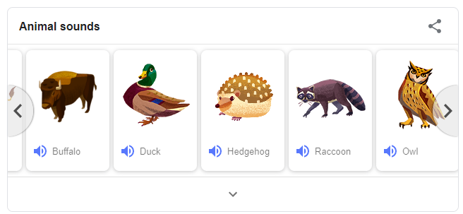 Results from typing "animal sounds" into Google Search