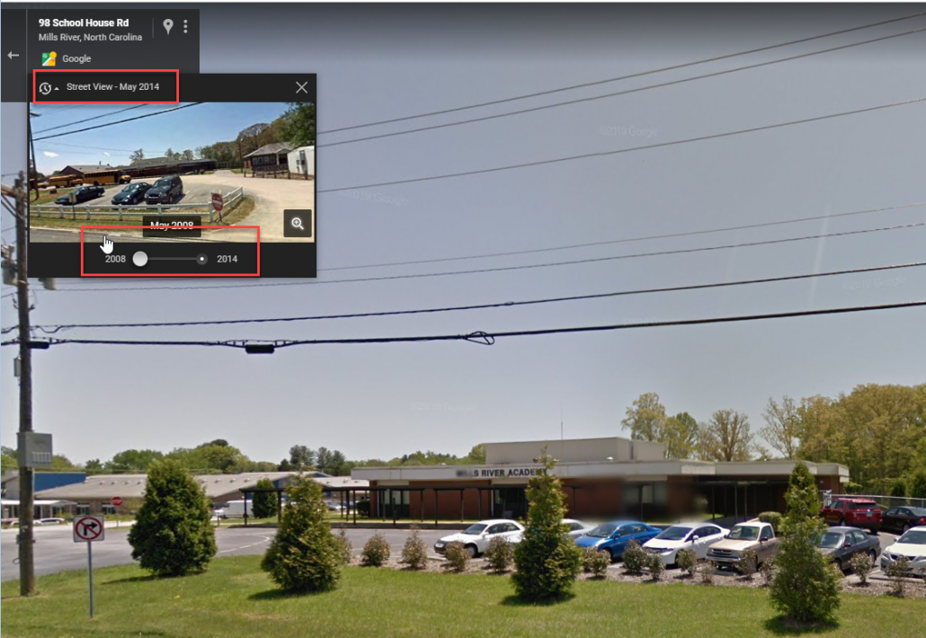 Street View in Google showing the "time travel" toggle.