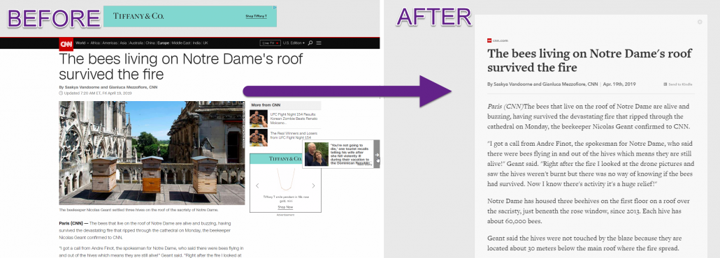 Sample CNN article showing Mercury Reader removing advertisements and only keeping content.