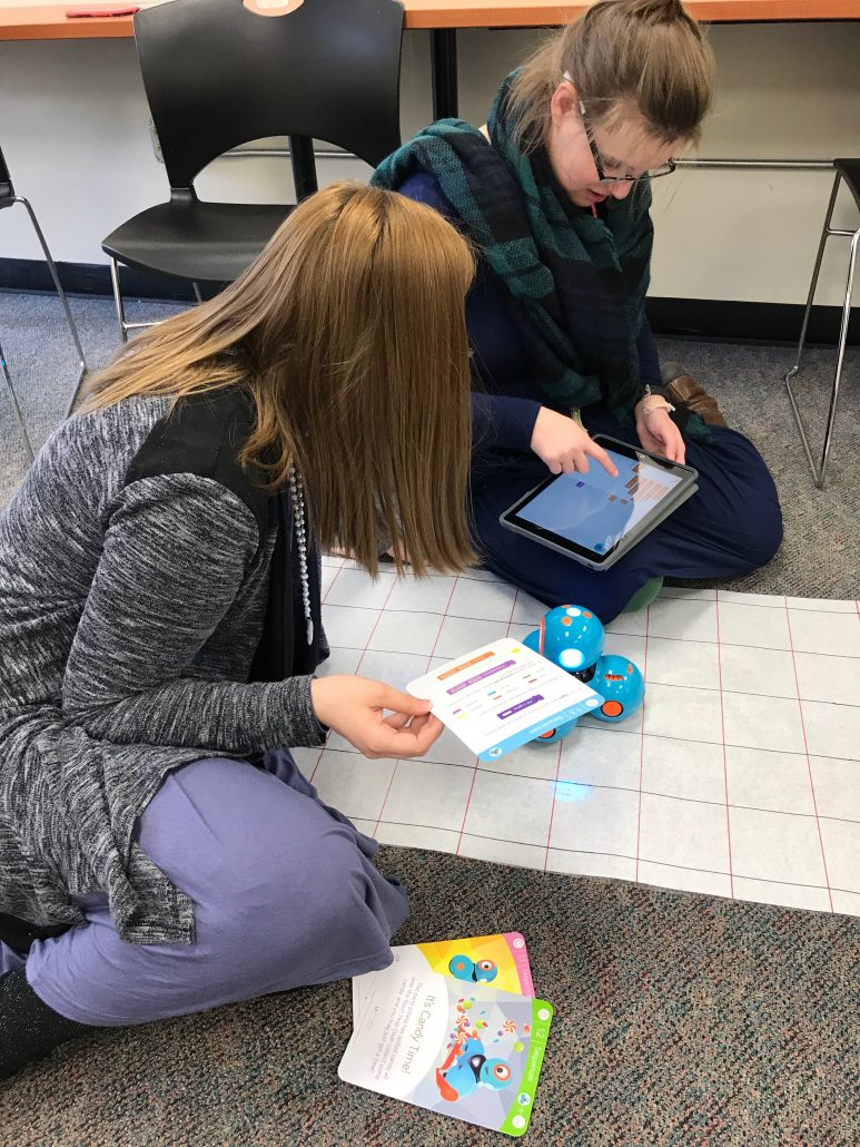 2 teachers working with Dash, the task cards, an iPad and a grid mat