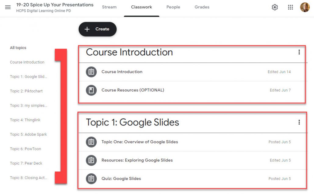 Sample Classroom Screen showing topics list on left and topic boxes on right