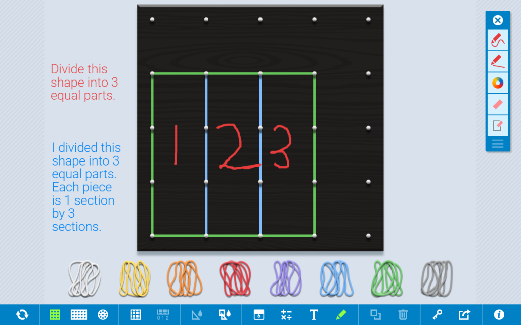 Peg board divided into 3 equal shapes