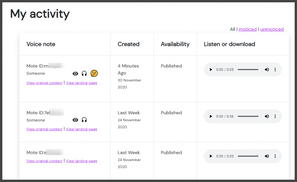 Sample Mote activity page