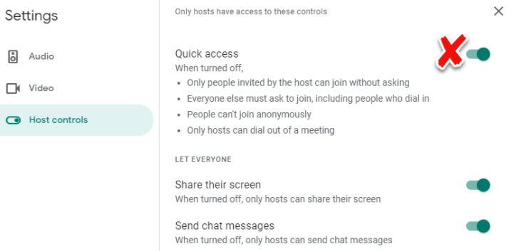 Host Controls in the Settings Menu of Google Meet