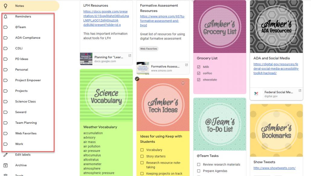 Sample Google Keep Screen