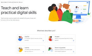 Cartoon figures representing online learners view a cartoon computer