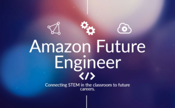 Code and triangle icons with Text Amazon Future Engineers Connecting STEM in the classroom to future careers on muted purple background