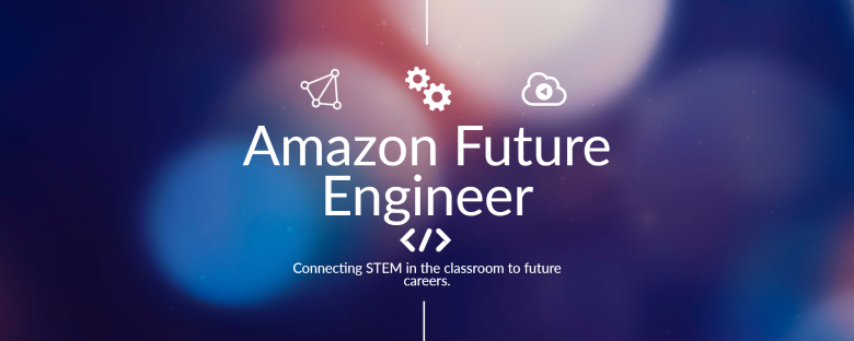 Code and triangle icons with Text Amazon Future Engineers Connecting STEM in the classroom to future careers on muted purple background