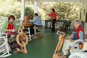 Spinners and weavers working.