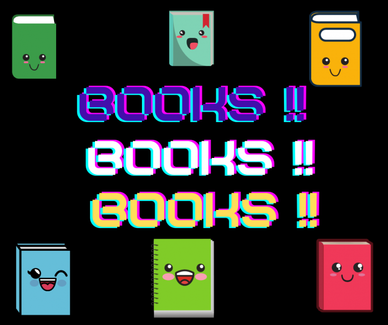 image of books with cartoon faces and text books!! books!! books!!