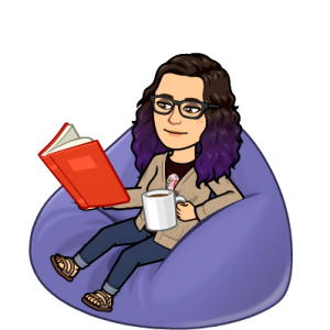 cartoon image of a librarian sitting on a beanbag chair reading a book and drinking coffee