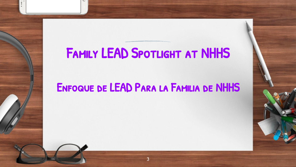 image of school supplies with text Family LEAD Spotlight at NHHS Enfoque de LEAD Para la Familia de NHHS