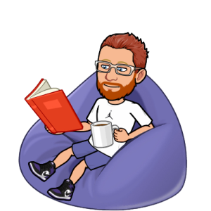 bitmoji of chuck bratu sitting in a chair reading a book drinking coffee