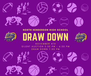 image of sport balls and the knights logo with the text North Henderson High School Draw Down November 4 Silent Auction 5:30 – 6:30pm Draw Down 7:00pm