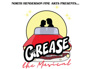 image of two silhouettes of people riding in a car with the moon in the background with text Grease The musical